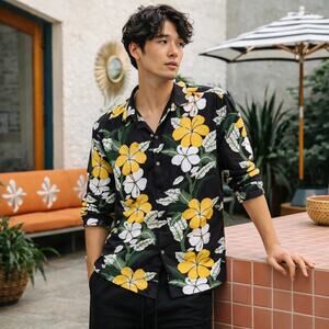 Tombolo Night Bloom Shirt Camp Collar Floral Print Long Sleeve Size Large